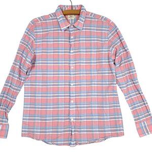 Faherty Brand Mens Button Down Shirt Pink Blue Plaid Long Sleeve Cotton Linen L